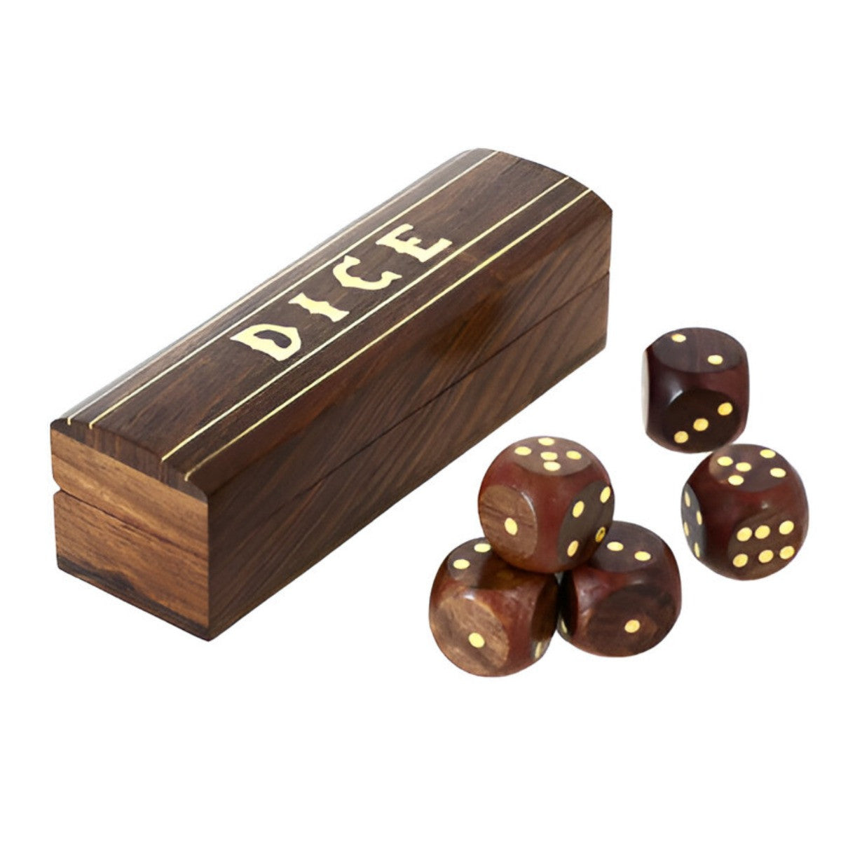Satnam Handmade Indian Wooden Dice Game Storage Decorative Box with Brass Inlay and 5 Dices Rectangle DiceKitRectangle