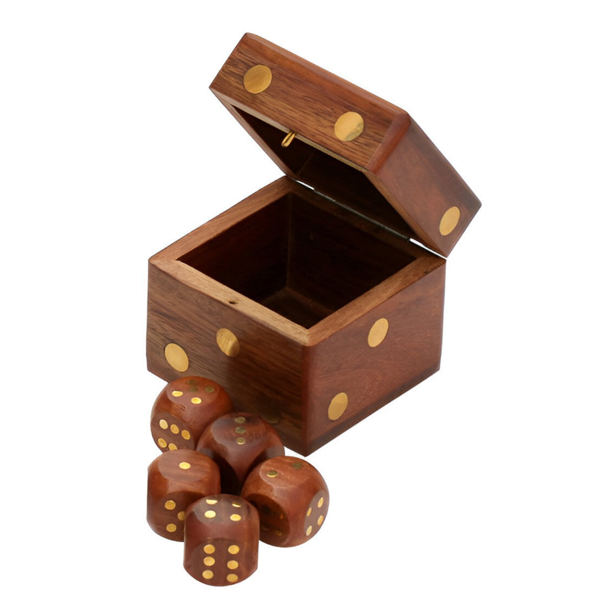 Satnam Handmade Indian Wooden Dice Game Storage Decorative Box with Brass Inlay and 5 Dices Square DiceKitSquare