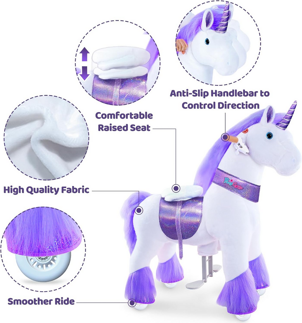 PonyCycle Purple Unicorn Ride On Horse Toy Walking & Rocking Pony for Kids Ages 4-7 Max Load 88 lbs - Ux406