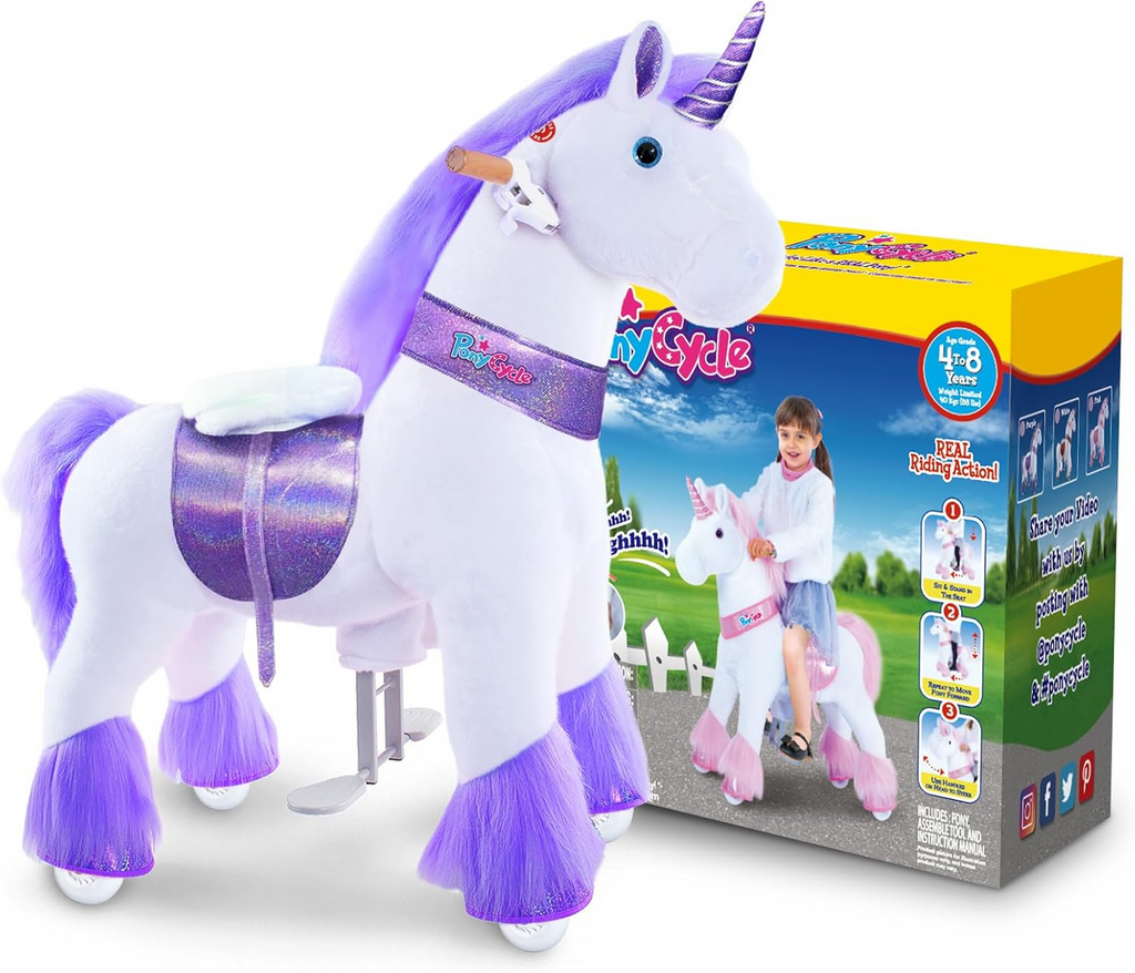 PonyCycle Purple Unicorn Ride On Horse Toy Walking & Rocking Pony for Kids Ages 4-7 Max Load 88 lbs - Ux406