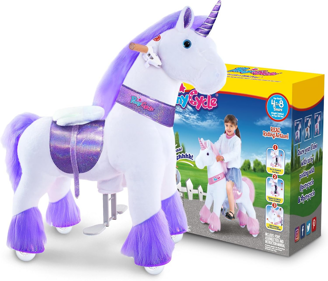 PonyCycle Purple Unicorn Ride On Horse Toy Walking & Rocking Pony for Kids Ages 4-7 Max Load 88 lbs - Ux406