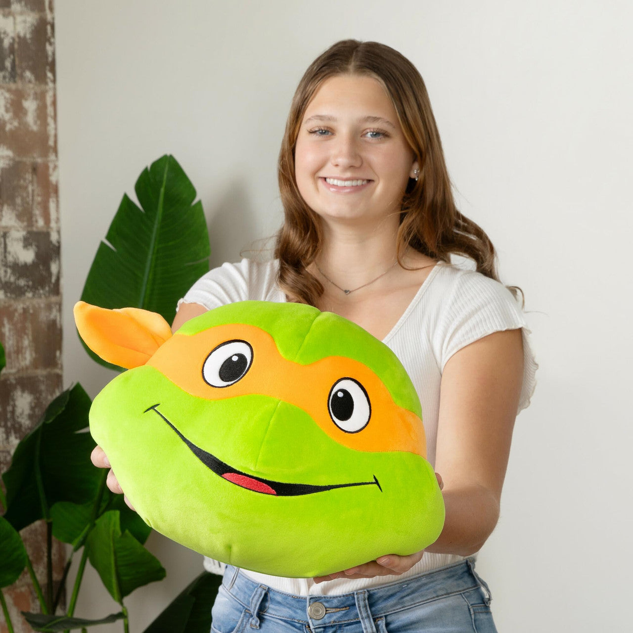 Tomy Club Mocchi Teenage Mutant Ninja Turtles Plush Michelangelo Head Plushie Squishy TMNT Soft Toys Plush Collectible TMNT Figures Room Decor 15 Inch TM-T12469