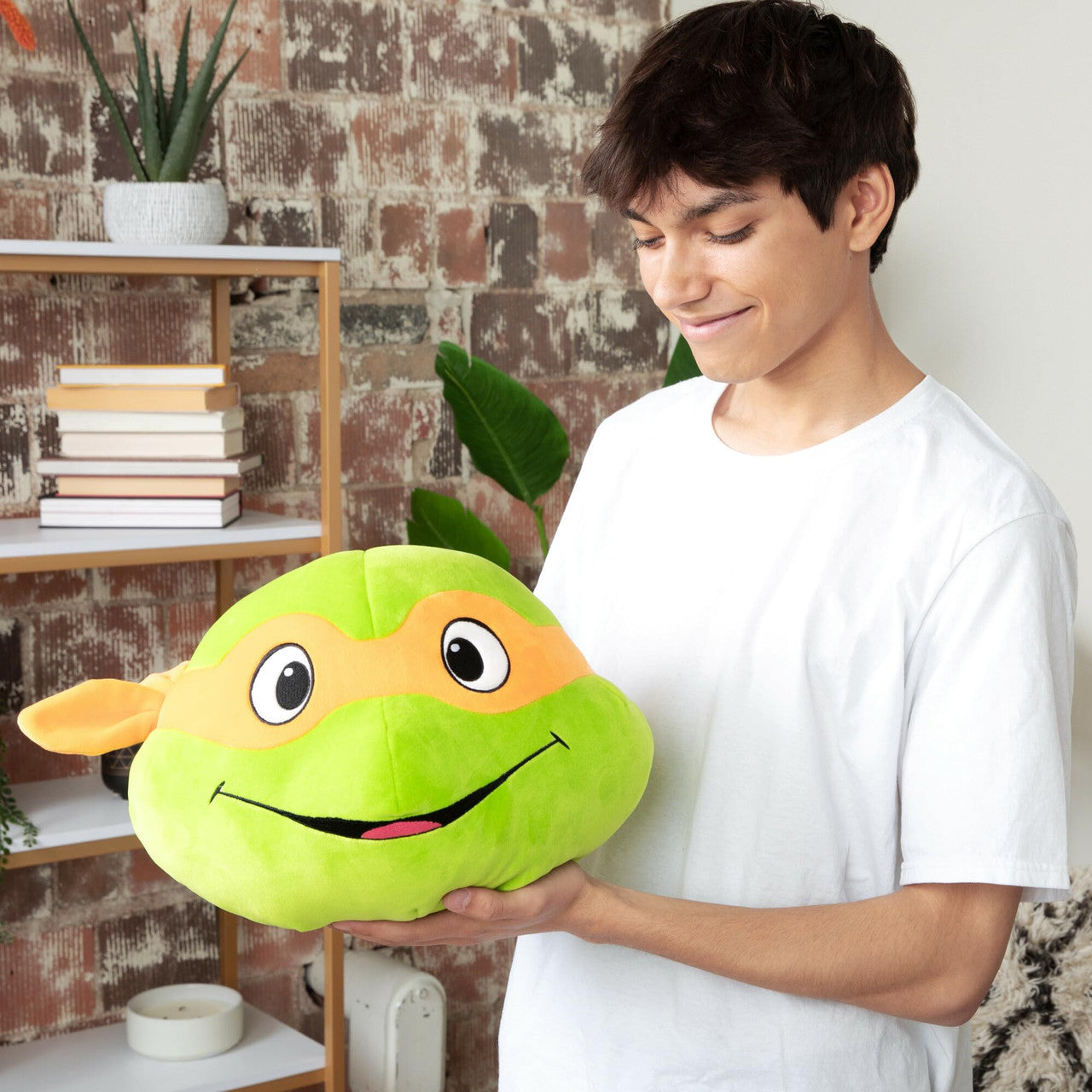 Tomy Club Mocchi Teenage Mutant Ninja Turtles Plush Michelangelo Head Plushie Squishy TMNT Soft Toys Plush Collectible TMNT Figures Room Decor 15 Inch TM-T12469