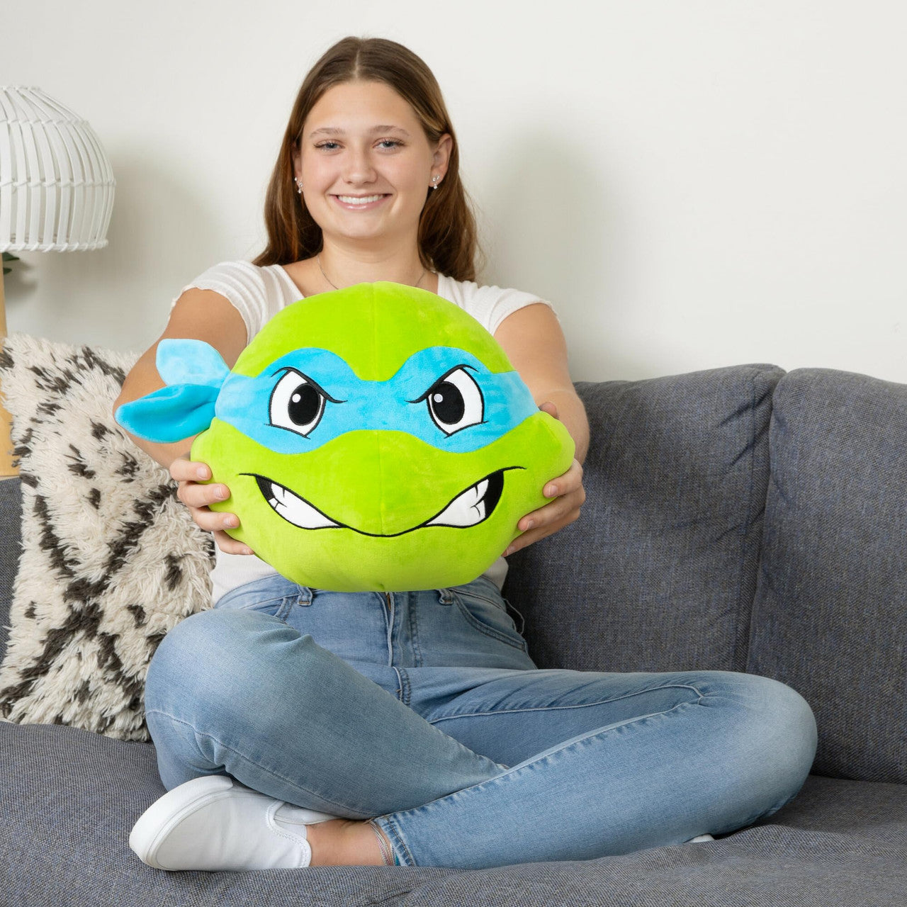 Tomy Club Mocchi Teenage Mutant Ninja Turtles Plush Leonardo Head Plushie Squishy TMNT Toys Plush Collectible TMNT Figures Room Decor 15 Inch TM-T12479