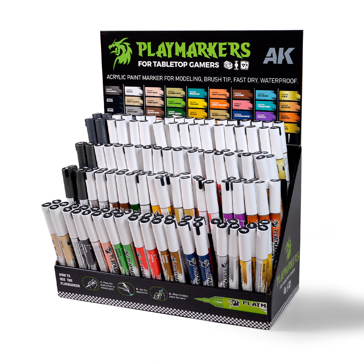 AK Interactive Playmarkers Paint Markers Deal w/Free Cardboard Display (4 each 32 colors, 8 each M002 M003) AKI-AKM151