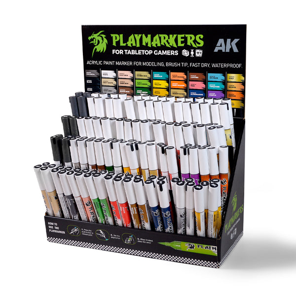 AK Interactive Playmarkers Paint Markers Deal w/Free Cardboard Display (4 each 32 colors, 8 each M002 M003) AKI-AKM151