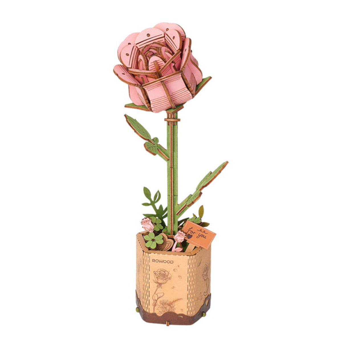 Robotime Rowood Pink Rose DIY 3D Wooden Puzzle Adjustable Stem Floral Art RT-TW041