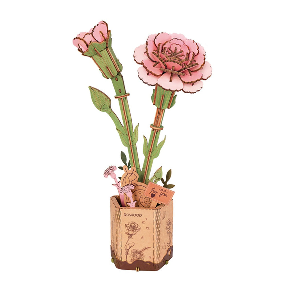 Robotime Rowood Pink Carnation DIY Wooden Flower 3D Puzzle Adjustable Stem Floral Art RT-TW051