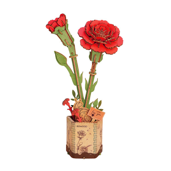 Robotime Rowood Red Carnation DIY 3D Wooden Puzzle Adjustable Stem Floral Art RT-TW052