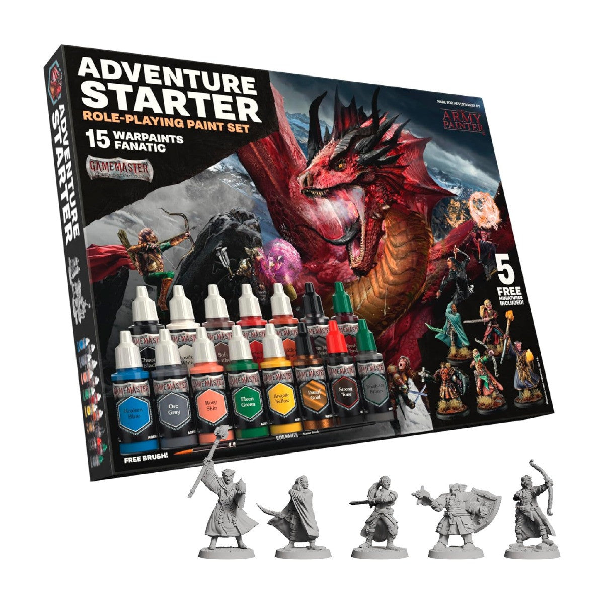 The Army Painter, GameMaster: Adventure Starter Role-playing Paint Set, 15 x 18ml Warpaints Fanatic Acrylic paints, incl. a Brush-On Primer, 5 FREE Miniatures & 1 Brush - For Warhammer & Dnd