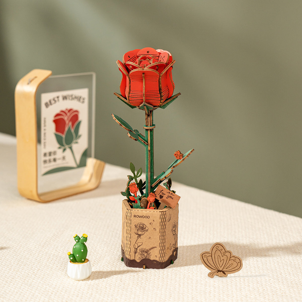 Robotime Rowood Red Rose DIY 3D Wooden Flower Puzzle Realistic Floral Art RT-TW042