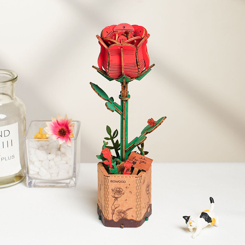 Robotime Rowood Red Rose DIY 3D Wooden Flower Puzzle Realistic Floral Art RT-TW042