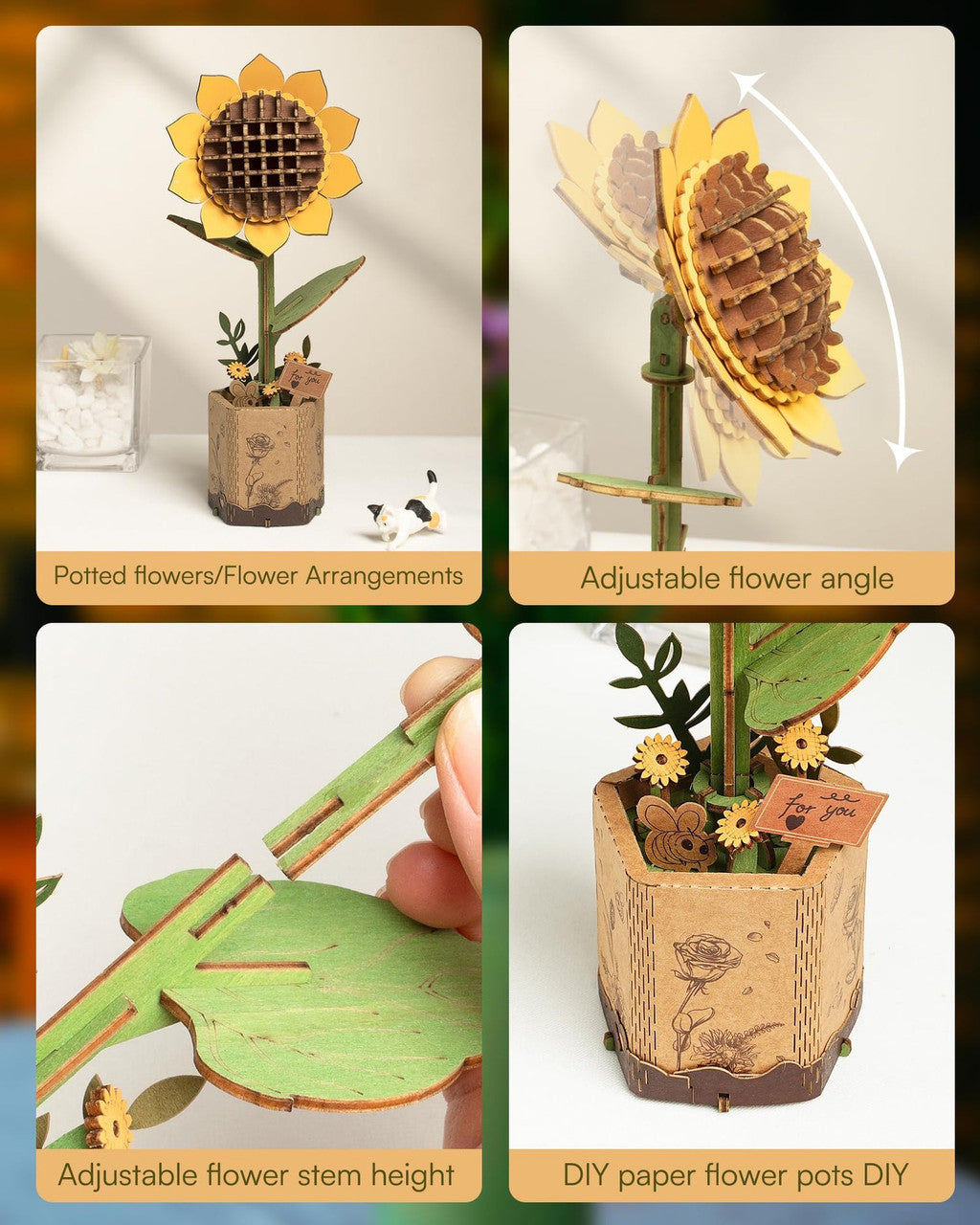 Robotime Rowood Sunflower DIY 3D Wooden Puzzle Adjustable Stem Floral Art RT-TW011
