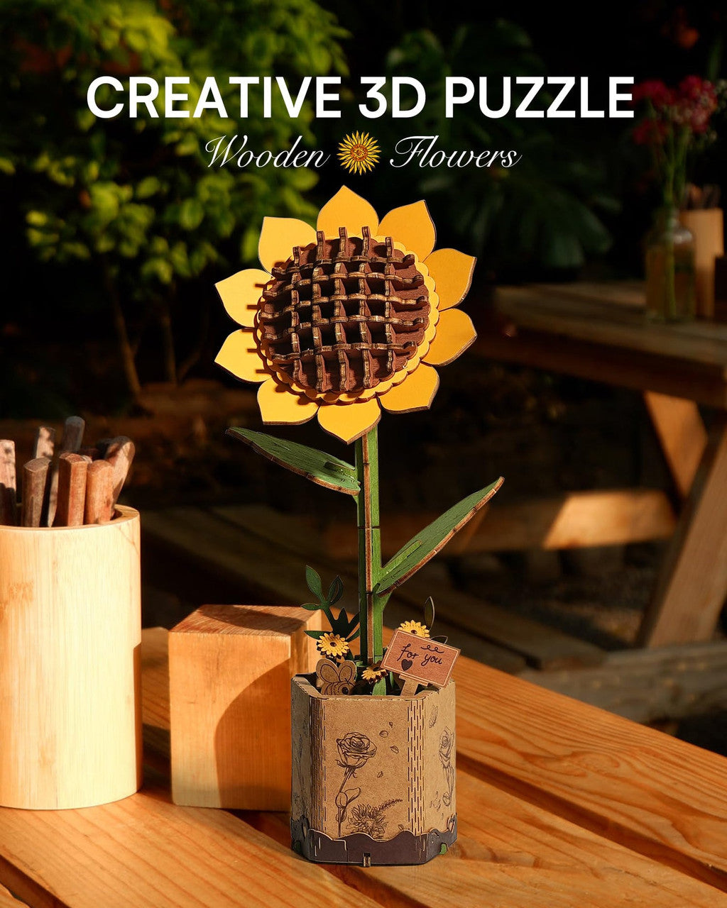 Robotime Rowood Sunflower DIY 3D Wooden Puzzle Adjustable Stem Floral Art RT-TW011