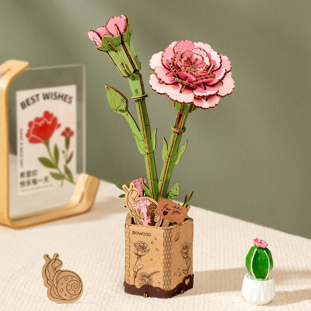 Robotime Rowood Pink Carnation DIY Wooden Flower 3D Puzzle Adjustable Stem Floral Art RT-TW051