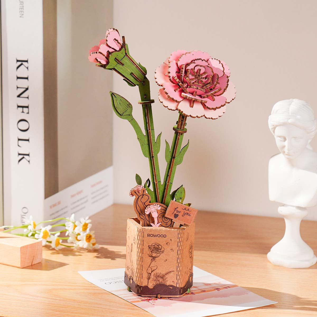 Robotime Rowood Pink Carnation DIY Wooden Flower 3D Puzzle Adjustable Stem Floral Art RT-TW051