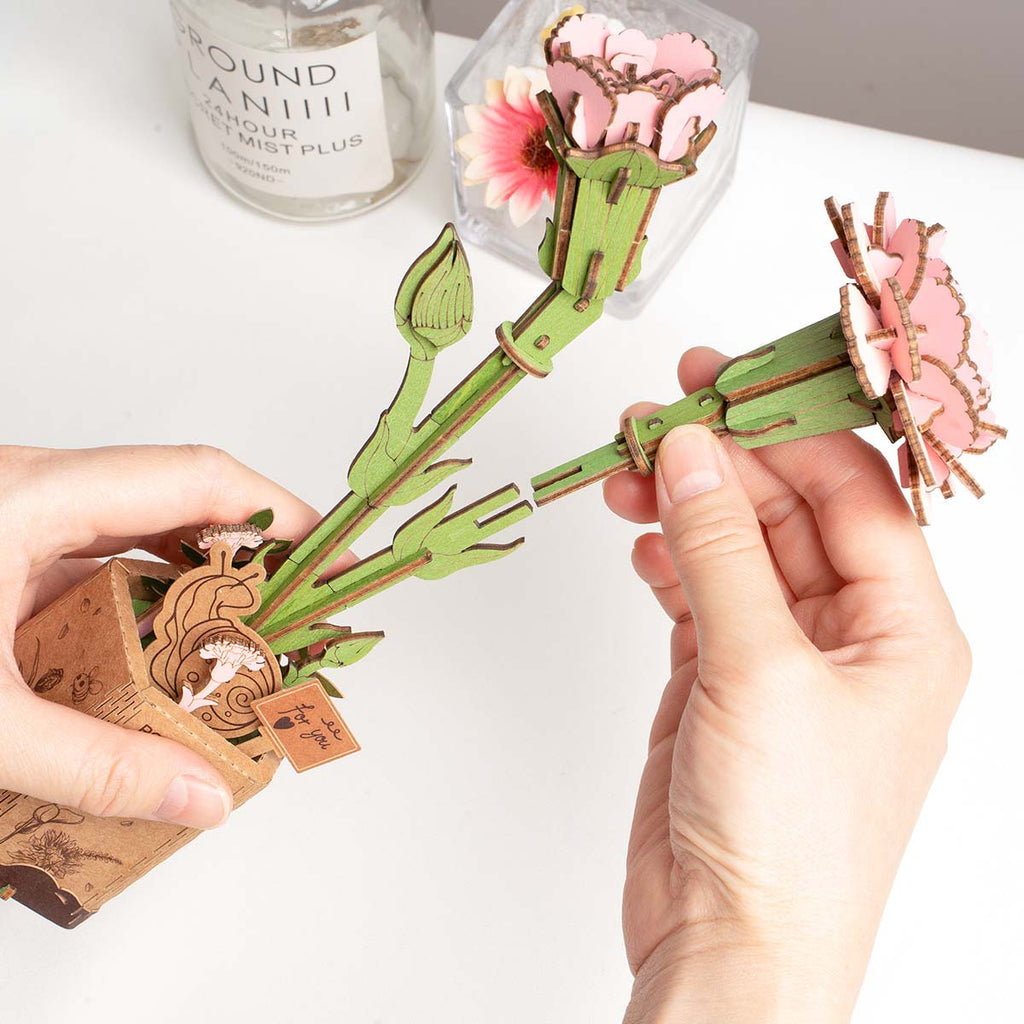 Robotime Rowood Pink Carnation DIY Wooden Flower 3D Puzzle Adjustable Stem Floral Art RT-TW051