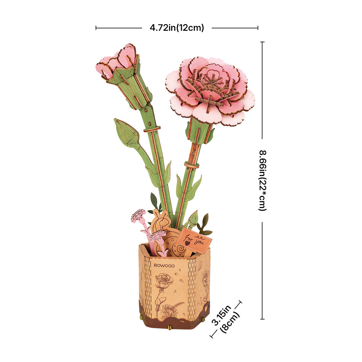 Robotime Rowood Pink Carnation DIY Wooden Flower 3D Puzzle Adjustable Stem Floral Art RT-TW051