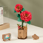 Robotime Rowood Red Camellia DIY Wooden Flower 3D Puzzle Adjustable Stem Floral Art RT-TW031