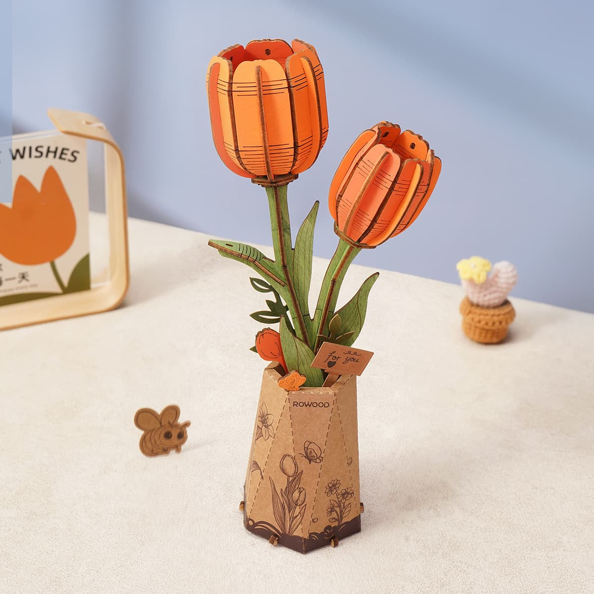Robotime Rowood Orange Tulip DIY Wooden Flower 3D Puzzle Adjustable Stem Floral Art RT-TW081