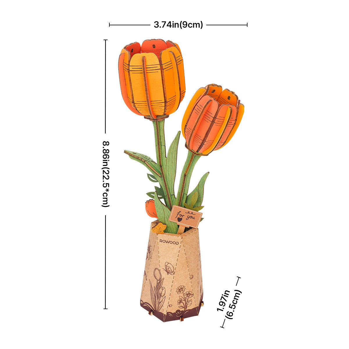 Robotime Rowood Orange Tulip DIY Wooden Flower 3D Puzzle Adjustable Stem Floral Art RT-TW081