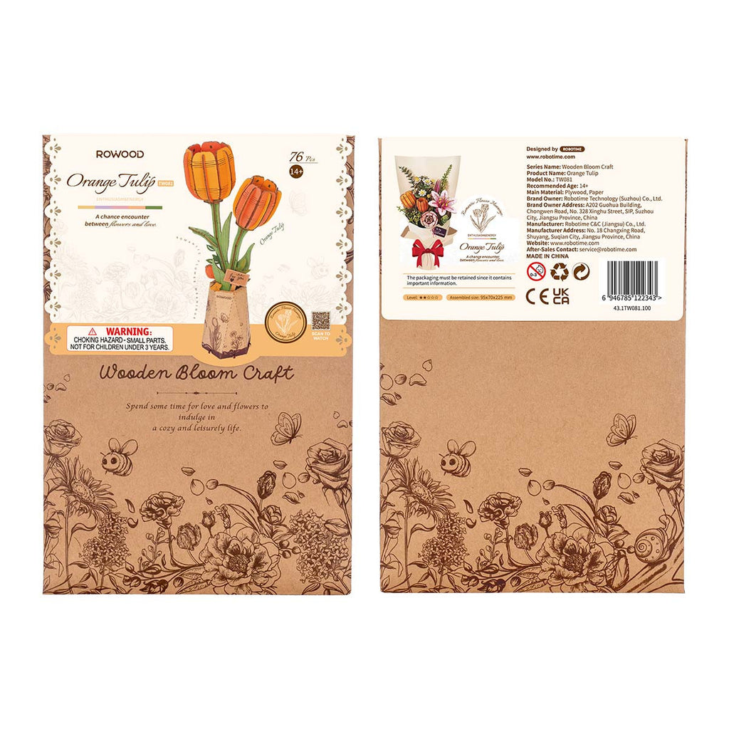 Robotime Rowood Orange Tulip DIY Wooden Flower 3D Puzzle Adjustable Stem Floral Art RT-TW081