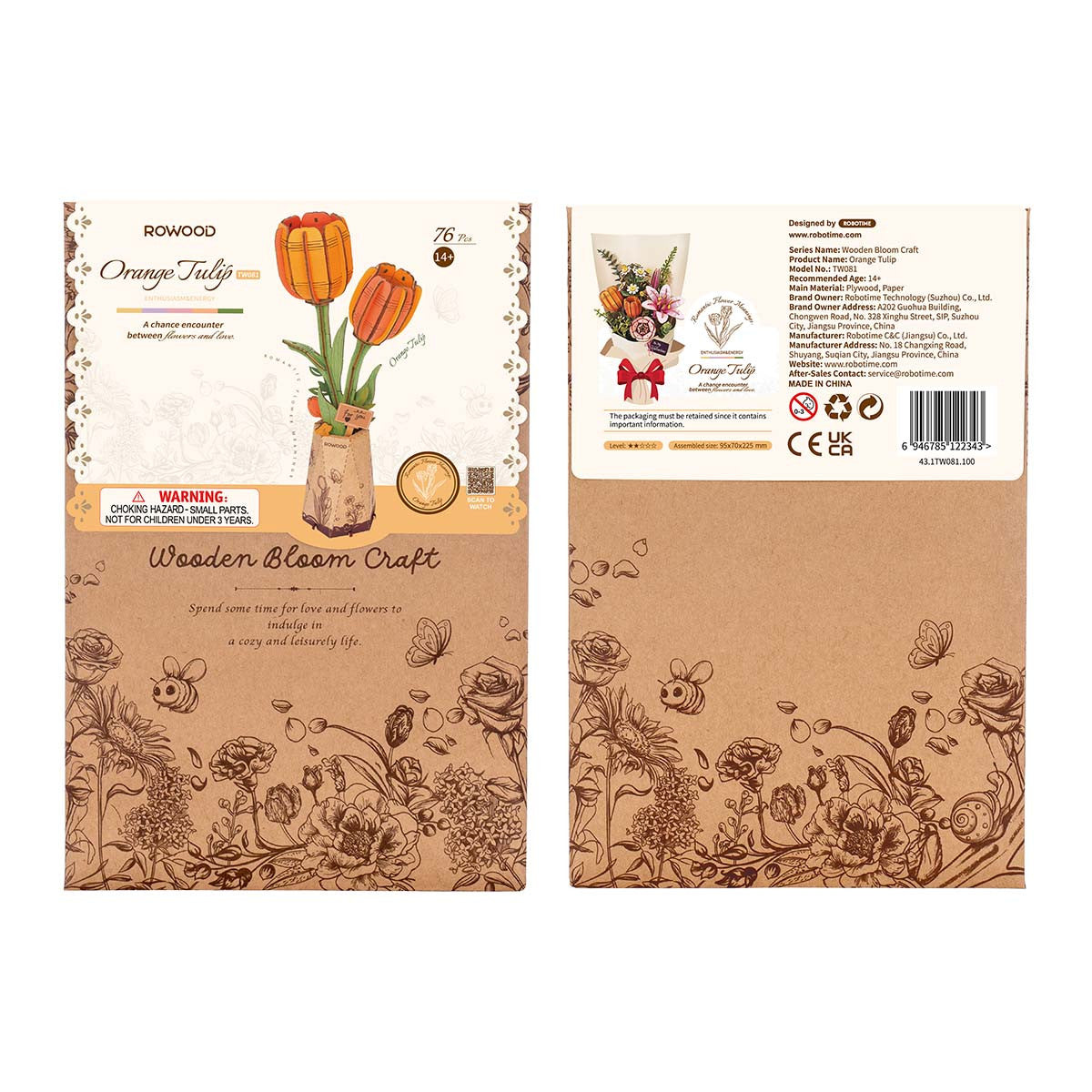 Robotime Rowood Orange Tulip DIY Wooden Flower 3D Puzzle Adjustable Stem Floral Art RT-TW081