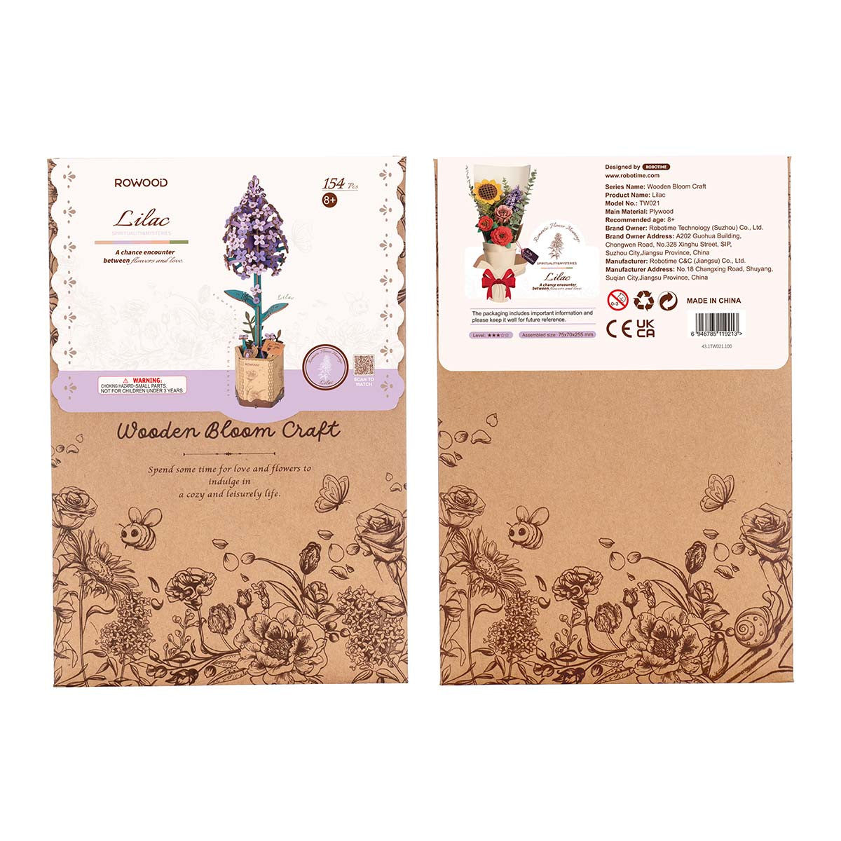 Robotime Rowood Lilac DIY Wooden Flower 3D Puzzle Adjustable Stem Floral Art RT-TW021
