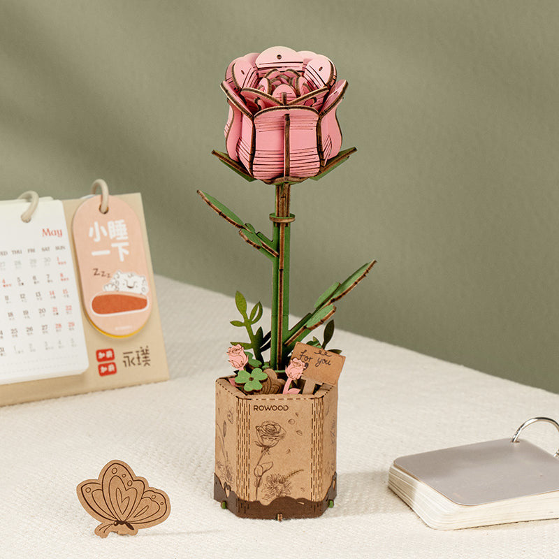 Robotime Rowood Pink Rose DIY 3D Wooden Puzzle Adjustable Stem Floral Art RT-TW041
