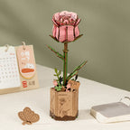 Robotime Rowood Pink Rose DIY 3D Wooden Puzzle Adjustable Stem Floral Art RT-TW041