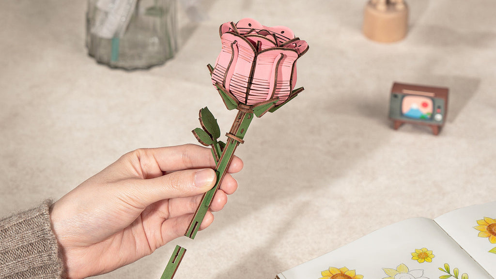 Robotime Rowood Pink Rose DIY 3D Wooden Puzzle Adjustable Stem Floral Art RT-TW041