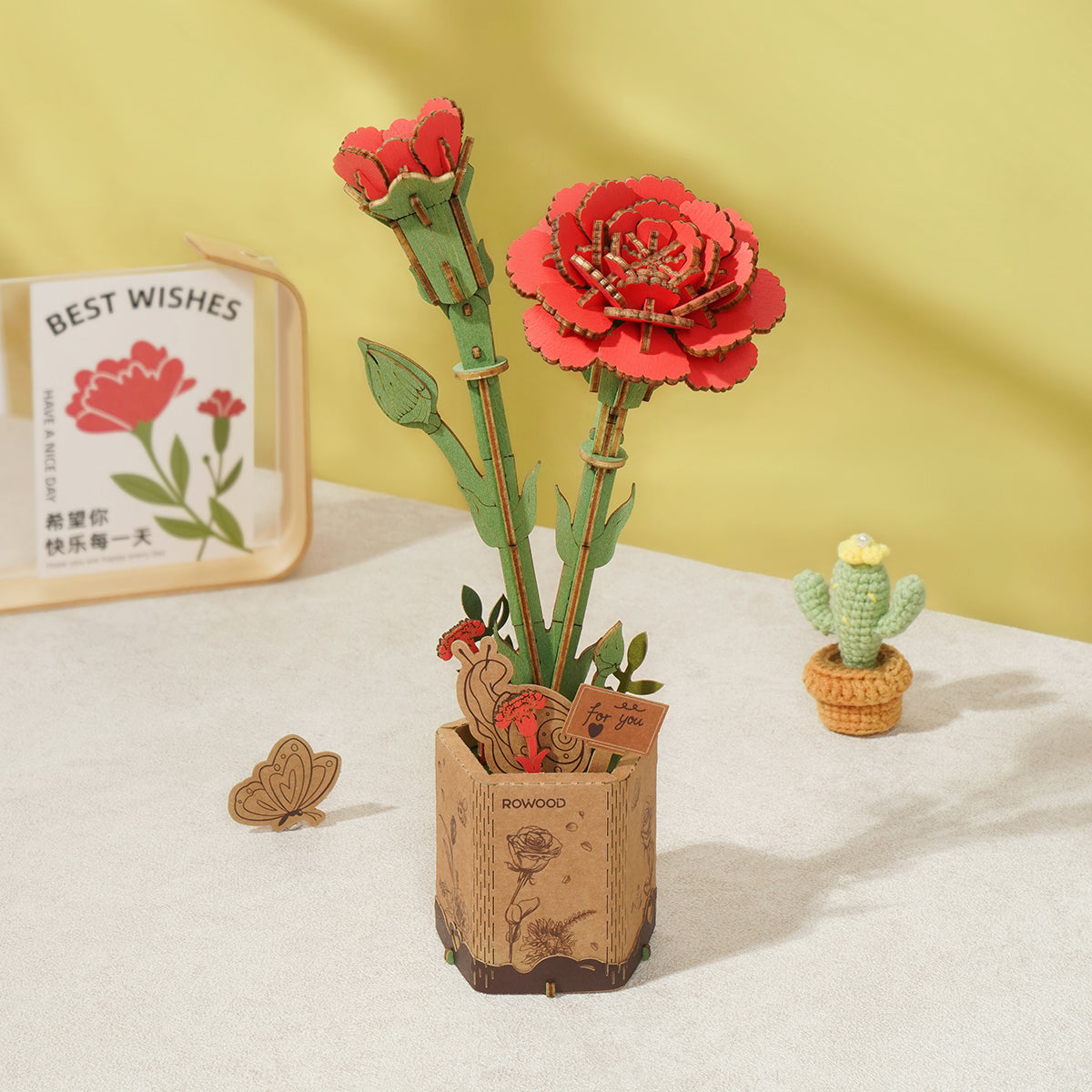 Robotime Rowood Red Carnation DIY 3D Wooden Puzzle Adjustable Stem Floral Art RT-TW052