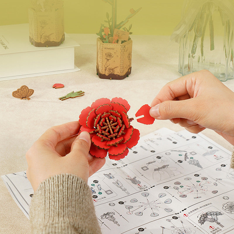 Robotime Rowood Red Carnation DIY 3D Wooden Puzzle Adjustable Stem Floral Art RT-TW052