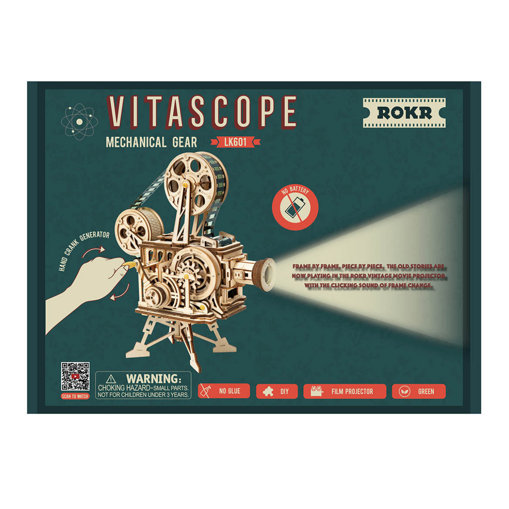 Robotime Rokr Vitascope DIY Vintage Movie Projector 3D Wooden Puzzle Hand Crank Mechanical Model RT-LK601
