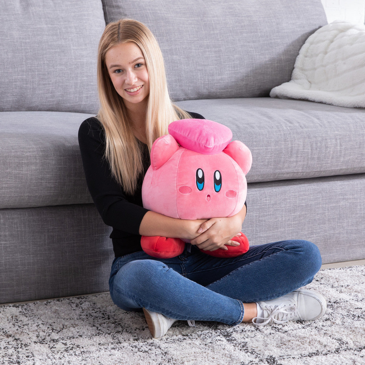 Tomy Club Mocchi Kirby with Heart Mega Plush Toy Ultra Soft Collectible Stuffed Figure for Kids and Fans 15 inch TM-T12787