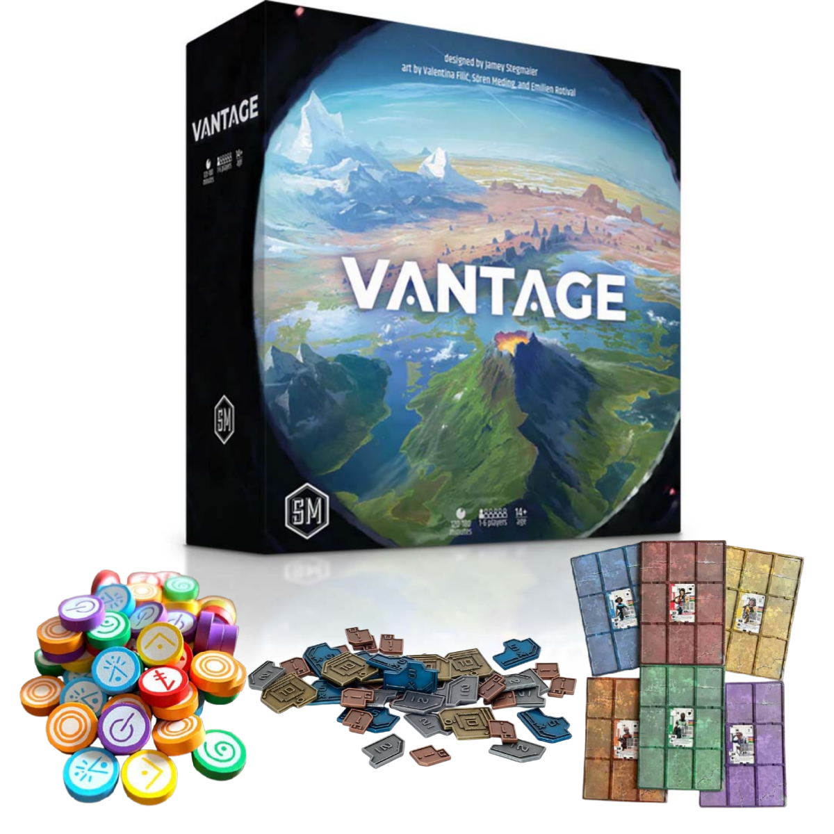 Stonemaier Games Vantage Strategy Board Game Bundle with Metal Coins Token Upgrade Pack & Player Mat for Adults and Family for 1 to 6 Players Average Playtime 60 to 90 Minutes STM950K1