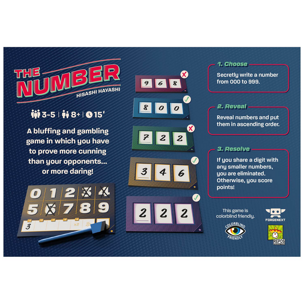 Repos Production The Number Party Game Fun Risk Taking Strategy Board Game for Family Game Night Great Family Game for Kids and Adults Ages 8 Plus 3 to 5 Players Average Playtime 15 Min TN EN01