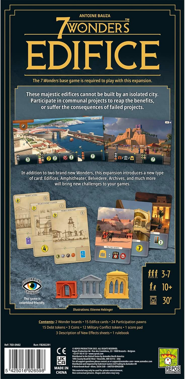 Repos Production 7 Wonders Edifice Board Game EXPANSION Ancient Civilization Building Strategy Game Fun Family Game for Kids and Adults Ages 10 Plus 3 to 7 Players Average Playtime 30 Mins SV05EN