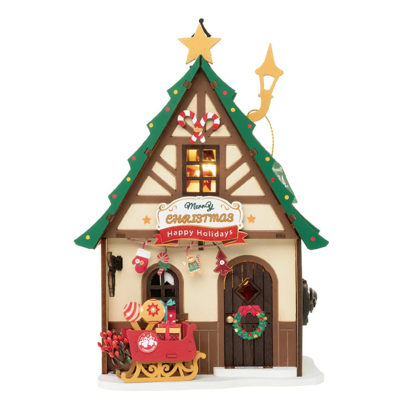 Robotime Rolife DIY Wood Crafts Twinkling Christmas House 3D Model Kit Wooden Puzzle RT-DS036
