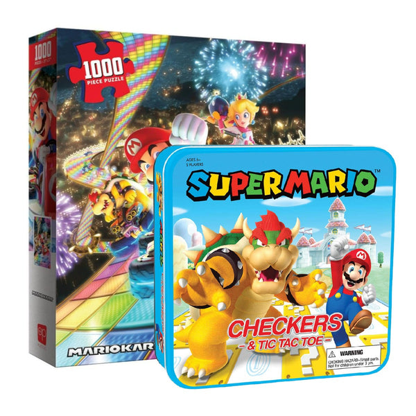The OP Usaopoly Super Mario Board Game Bundle Checkers, Tic Tac Toe & Mario Kart Puzzle USA-CM005-637K1