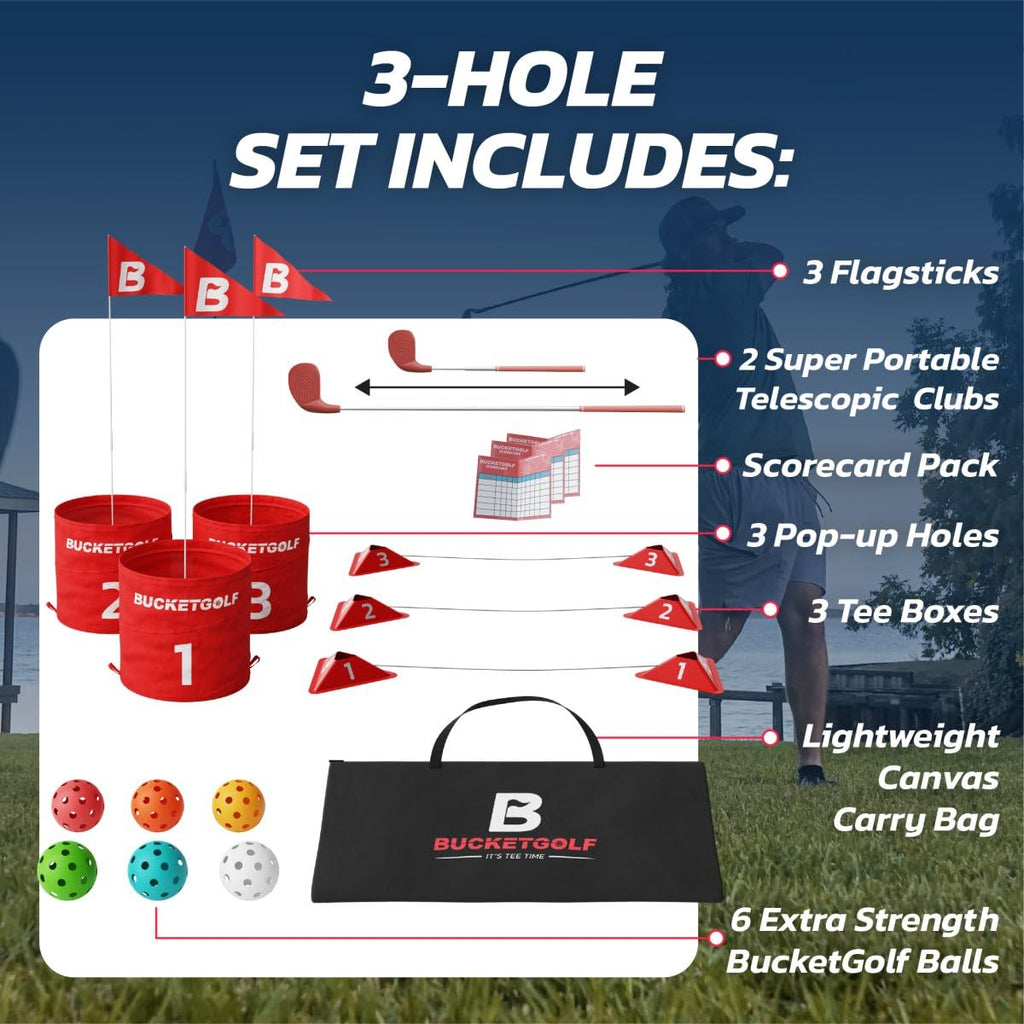 Bucketgolf Original Game 3-Hole Travel Set – #1 Backyard Golf Game for Adults. Ideal for Yard, Beach, Park, Camping, and Outdoor Fun. (2 Right-Hand Clubs)