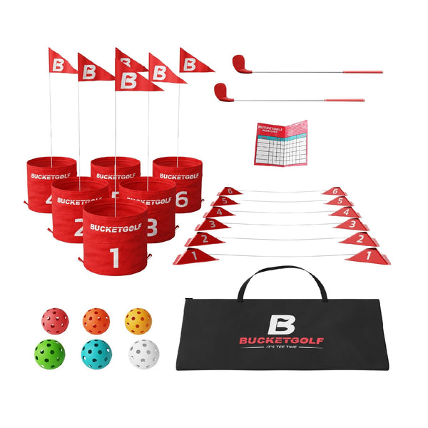Bucketgolf Game 6 Hole Bundle with Clubs - The Best Backyard Golf Game for All Ages and Levels Adults, Kids, Families, Schools, Yards, Parks, Beaches, Vacation. (2 Clubs (2 RH))
