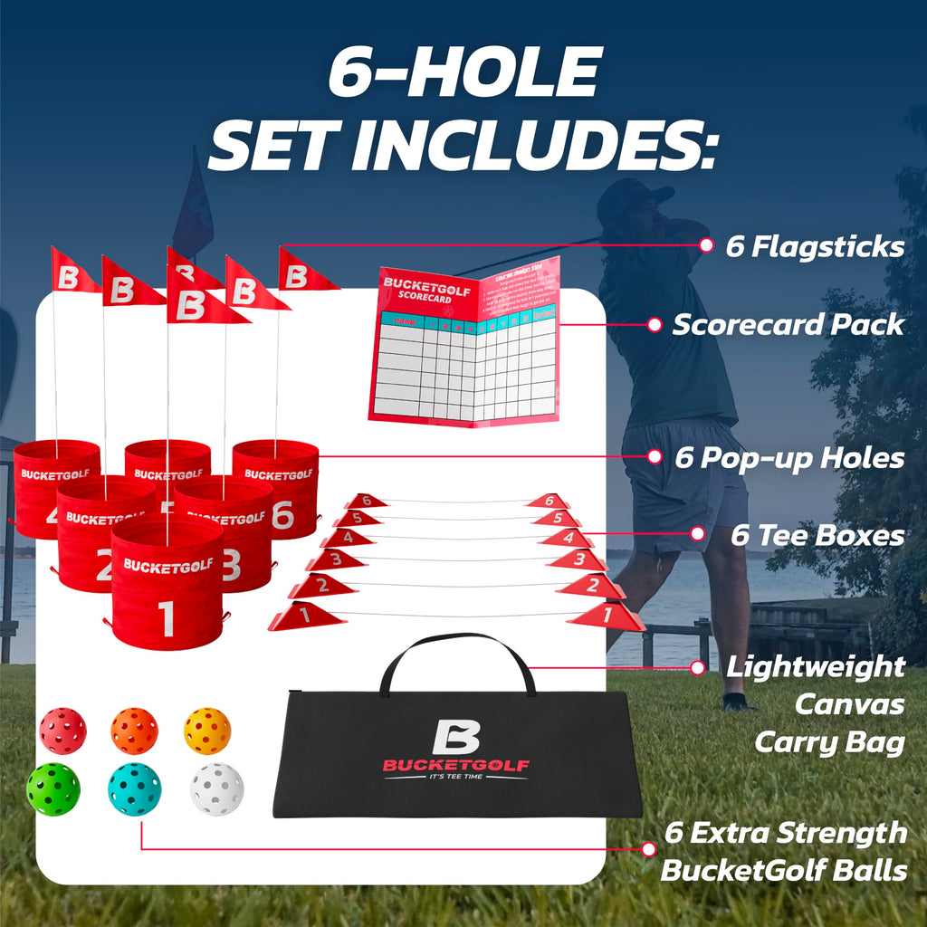 Bucketgolf Game The Original Ultimate Backyard Lawn Golf Game for Family, Adults and Kids - Portable 6 Hole Golf Course Play Outdoor, Lawn, Park, Beach, Yard.