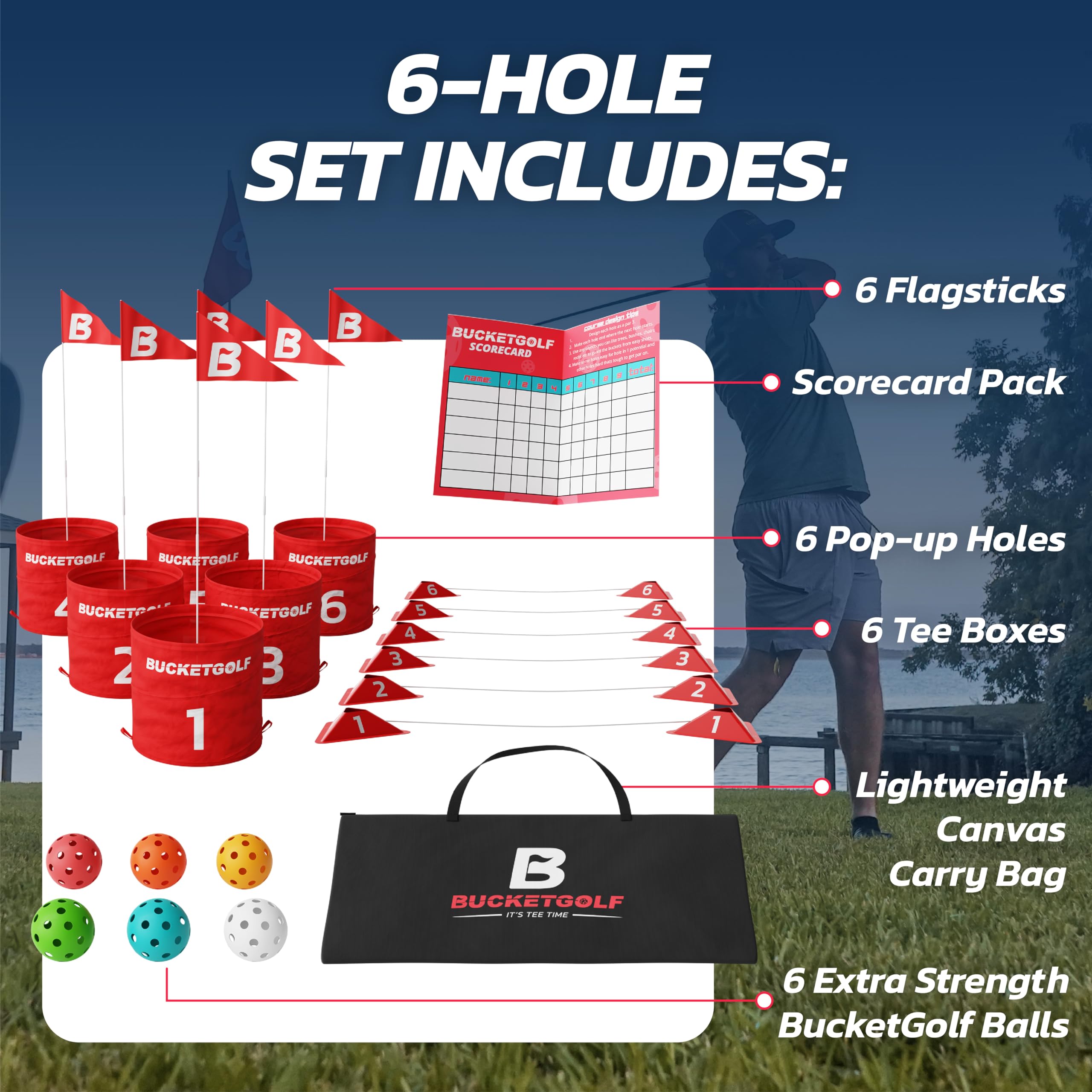 Bucketgolf Game The Original Ultimate Backyard Lawn Golf Game for Family, Adults and Kids - Portable 6 Hole Golf Course Play Outdoor, Lawn, Park, Beach, Yard.