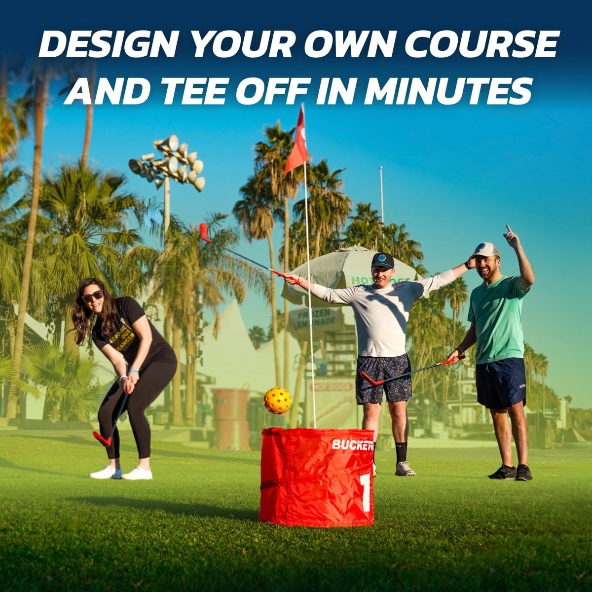 Bucketgolf 9 Hole Bundle - Outdoor Golf Game for All Ages. Adults, Kids, Family. Play Anywhere. Yards, Beach, Park, Backyard. Includes 2 Right-Handed Clubs