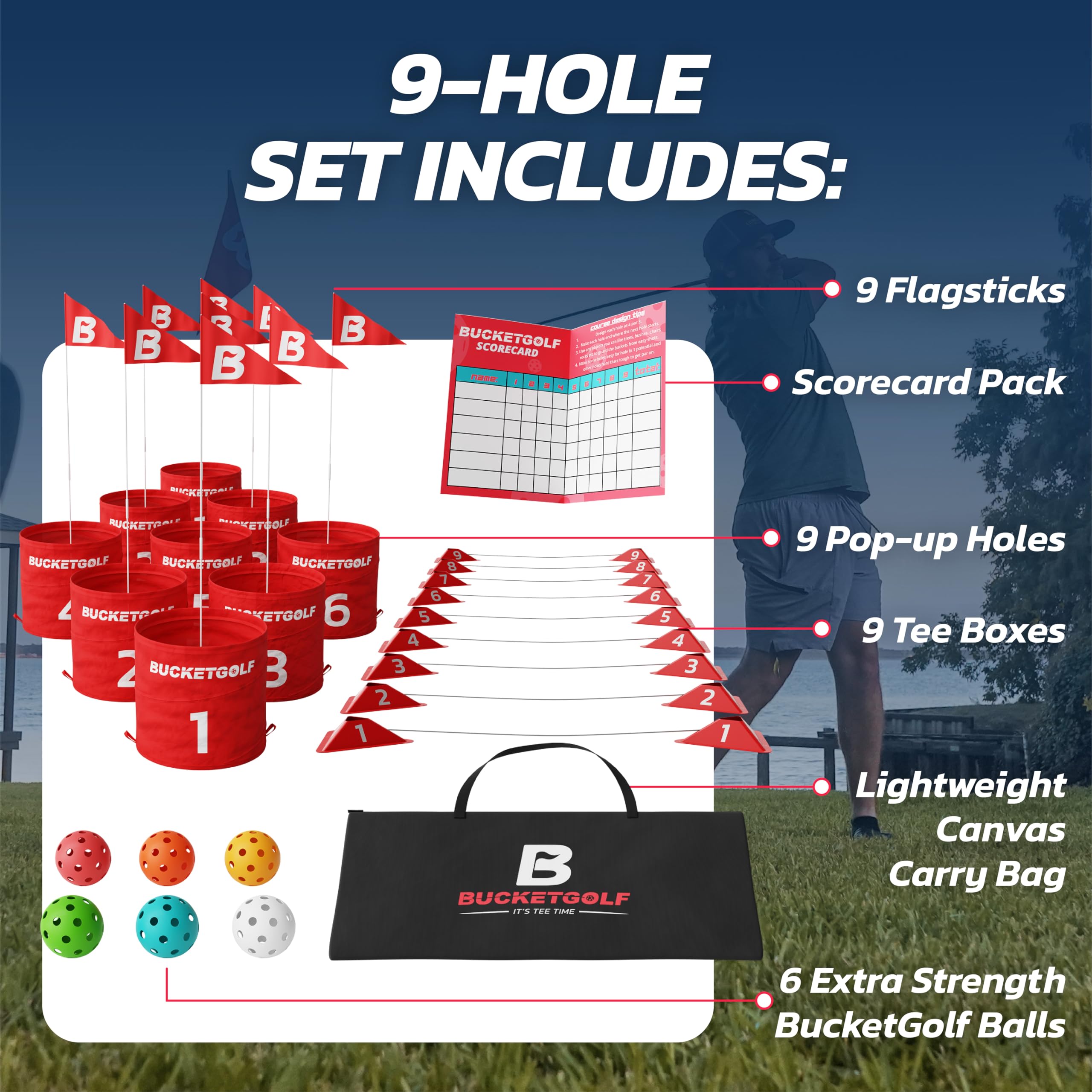 Bucketgolf Game Pro The Original Ultimate Backyard Golf Game for Family, Adults and Kids - Portable 9 Hole Golf Course Play Outdoor, Lawn, Park, Beach, Yard
