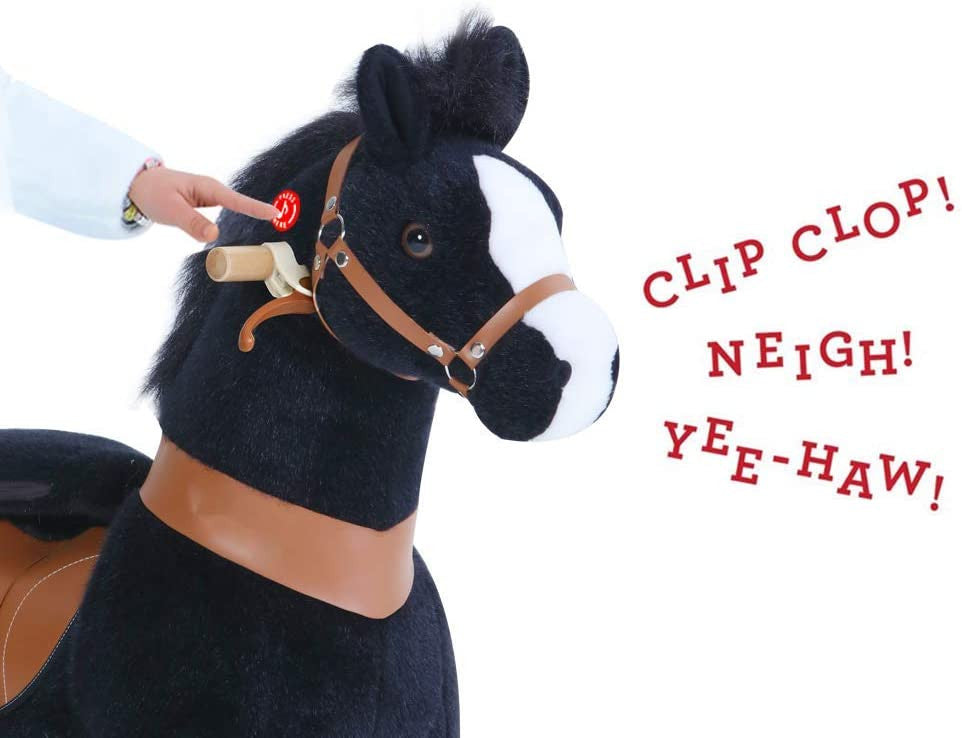 PonyCycle Official New Updated 2021 Edition Ride on Horse Toy Plush Walking Animal Black with White Hoof and Realistic Sound Feature - Small Size for (Age 3-5)