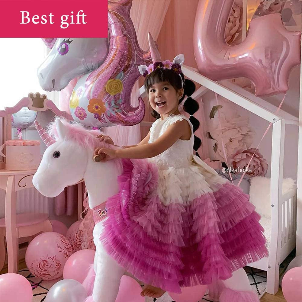 PonyCycle Pink Unicorn Ride On Horse Toy Walking & Rocking Pony for Kids Ages 4-7 Max Load 88 lbs - Ux402