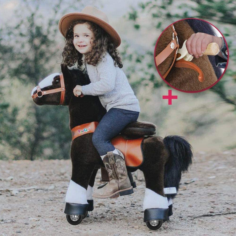 PonyCycle Official New Updated 2021 Edition Ride on Horse with White Hoof and Realistic Sound Feature Toy Plush Walking Animal Dark Brown - Small Size for (Age 3-5)