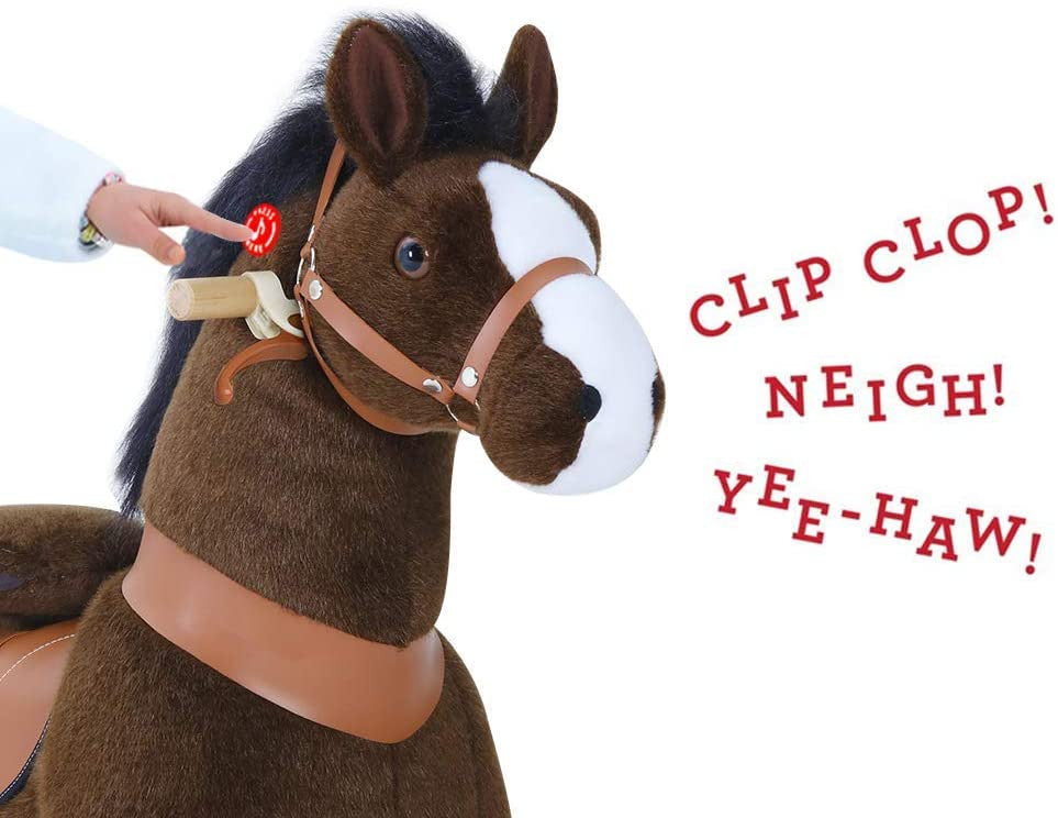 PonyCycle Official New Updated 2021 Edition Ride on Horse with White Hoof and Realistic Sound Feature Toy Plush Walking Animal Dark Brown - Small Size for (Age 3-5)